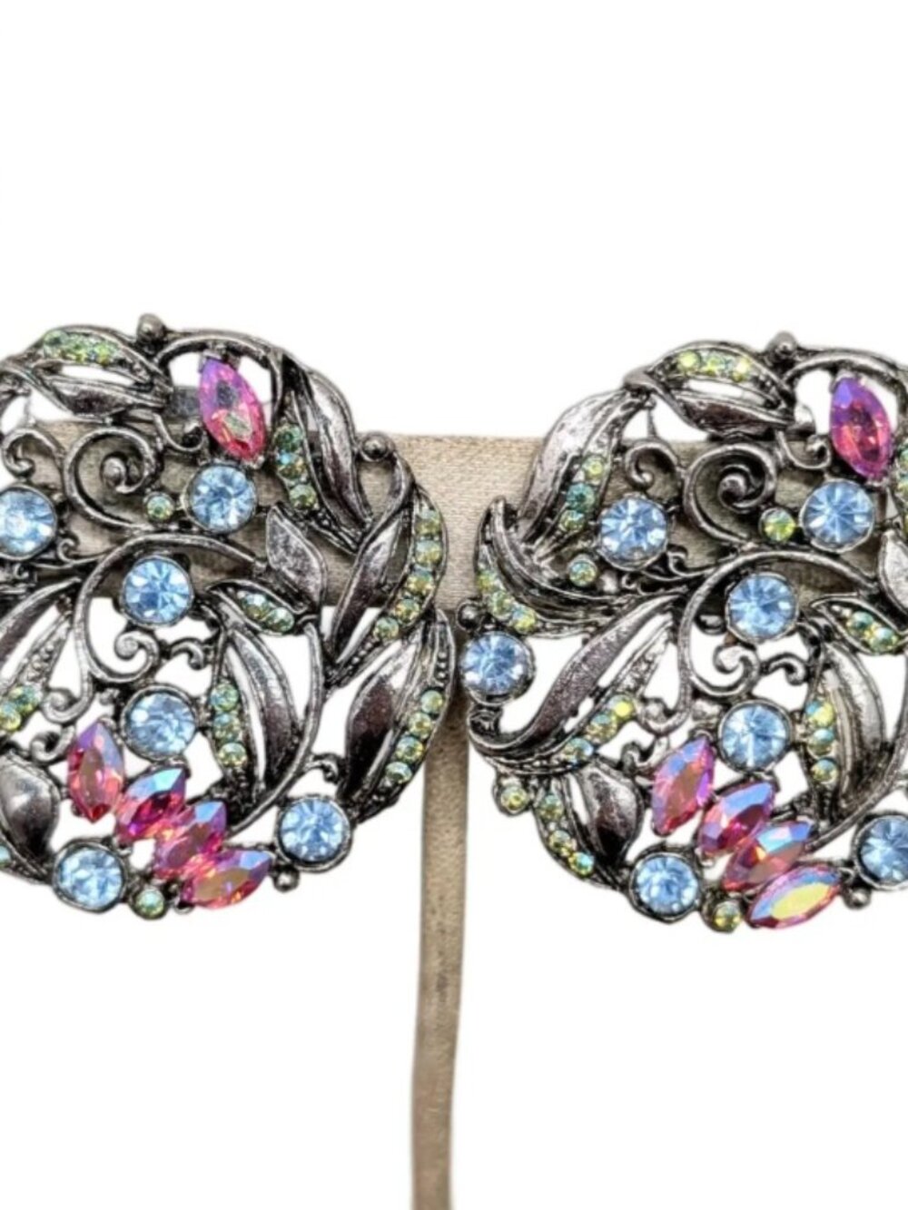 Vintage 1980s Signed Thelma Deutsch Large Round Pastel Rhinestone Clip Earrings